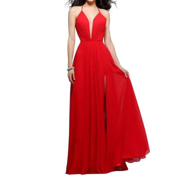 Faviana 8001 Chiffon Deep V-Neck Dress With Lace Applique - 1 pc Coldblue in Size 2 Available main image 0
